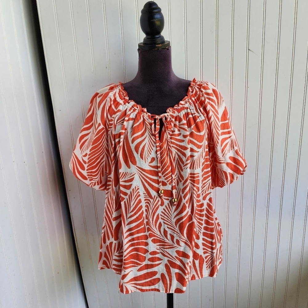 NWT Unique Spectrum Mlle Gabrielle Women’s Orange White Floral Top Shirt Sz L